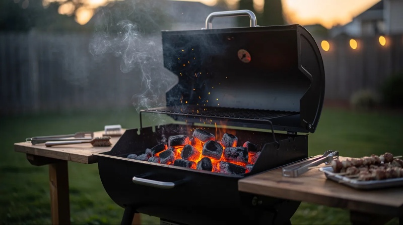 bbq in garden, hot coals, summer evening