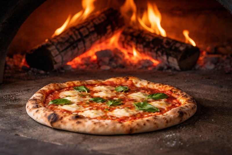 wood fired pizza cooking in an oven