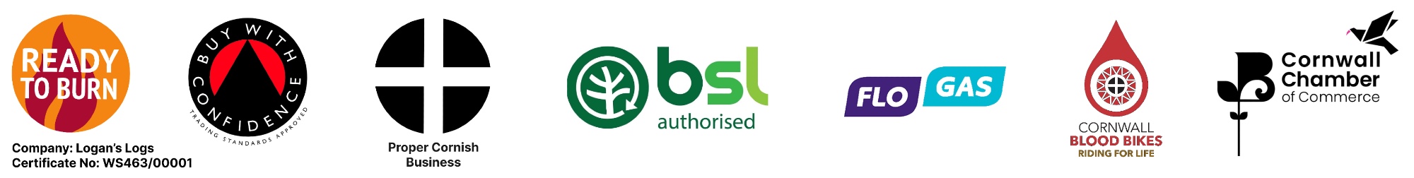 Logos for Ready to burn scheme, trading standards, proper cornish business, BSL, FLOGAS, Cornwall Blood Bikes and Cornwall Chamber of Commerce