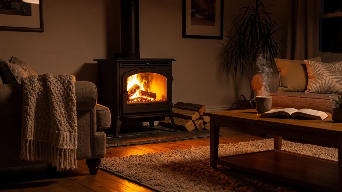 A wood burning stove radiates a warm orange glow through its glass door, creating a cozy atmosphere in the living room, where the inviting flames suggest the use of ultra dry heat logs for a clean and efficient burn. The scene captures the essence of warmth and comfort, perfect for a relaxing evening indoors.