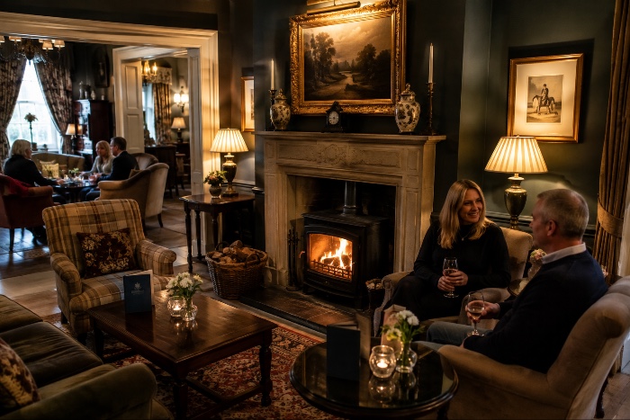 formal country house hotel with roaring fire