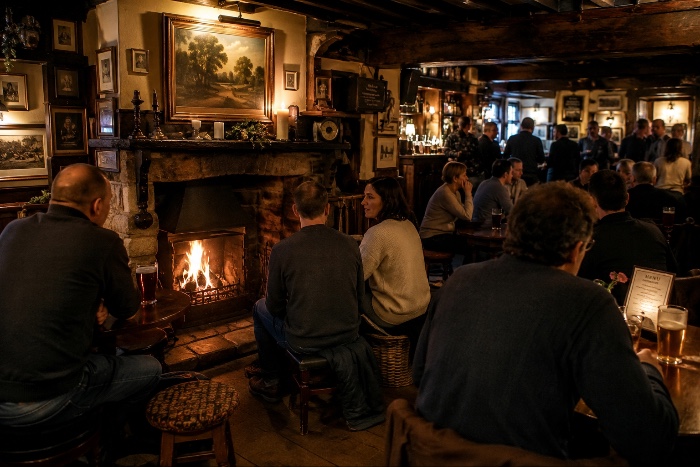 cosy pub with patrons enjoying a fireside seat