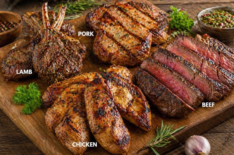 pork, lamb, chicken and beef smoked 