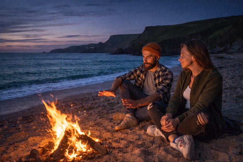two people on the beach in cornwall having a campfire