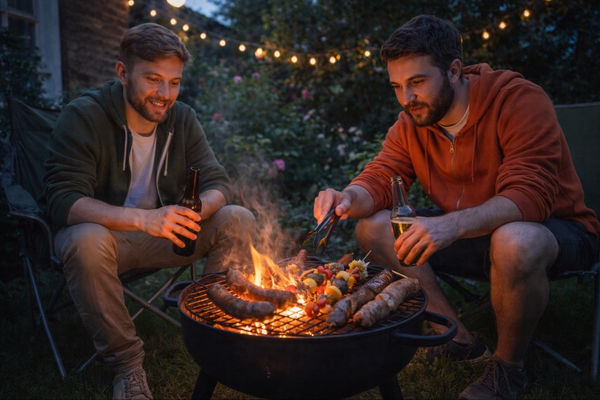 cooking outdoors on a fire bowl sausages 