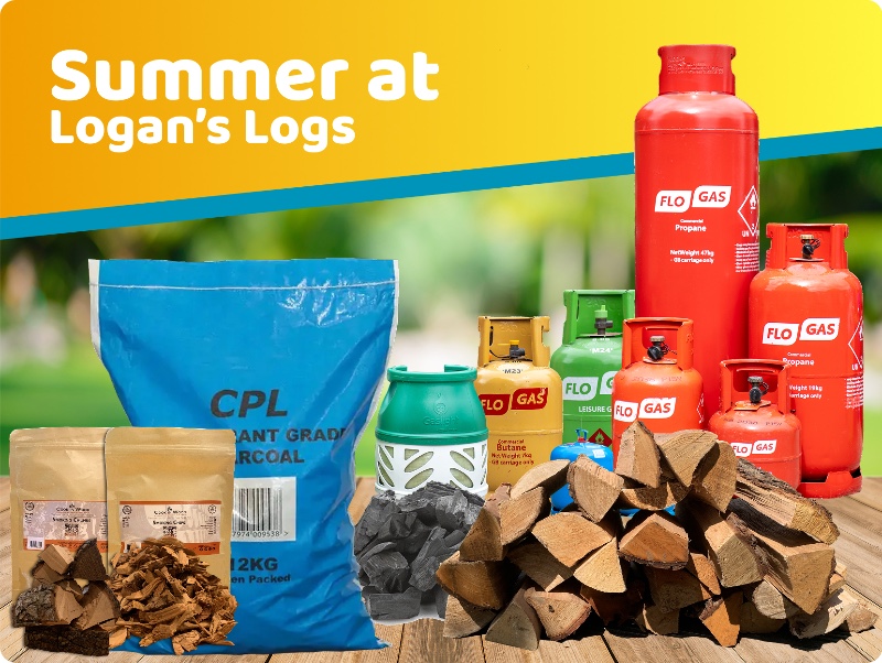 collection of summer products sold by Logan's Logs including bottled gas, bbq charcoal, pizza oven logs and smoking woods